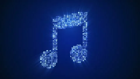 Different multimedia icons form a Beamed Note icon on dark blue background. Stock-Footage 85627111