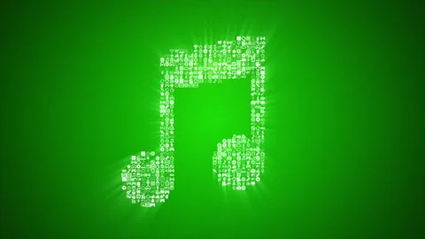Different multimedia icons form a Beamed Note icon on green background. Stock Footage 85627172