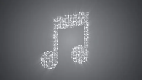 Different multimedia icons form a Beamed Note icon on grey background. Stock Footage 85627197