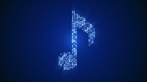 Different multimedia icons form a Musical Note icon on dark blue background. Stock Footage 85627007