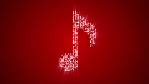 Different multimedia icons form a Musical Note icon on red background. Stock Footage 85627076