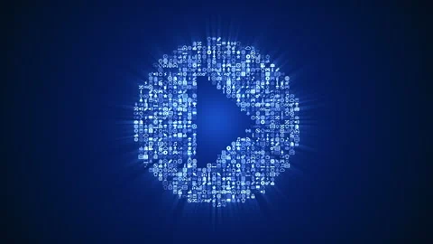 Different multimedia icons form a Play icon on dark blue background. Video stock 85627239