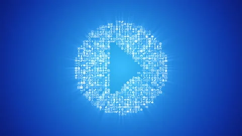 Different multimedia icons form a Play icon on light blue background. Stock Footage 85627327