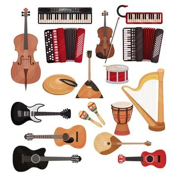 Different Musical Instrument with Stringed and Percussion Like Violin, Harp Illustrazione stock