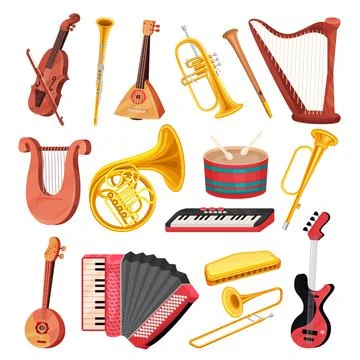 Different Musical Instrument with Stringed, Wind and Percussion Like Violin Stock Illustration
