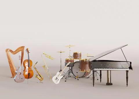 Different musical instruments on beige background. Copy space for text, adv.. Stock Illustration