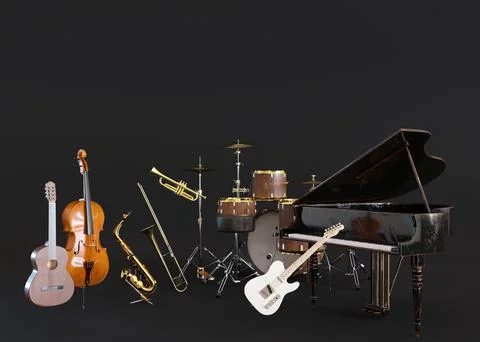 Different musical instruments on black background. Copy space for text Stock Illustration