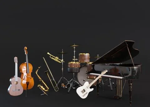 Different musical instruments on black background. Copy space for text, adv.. Stock Illustration