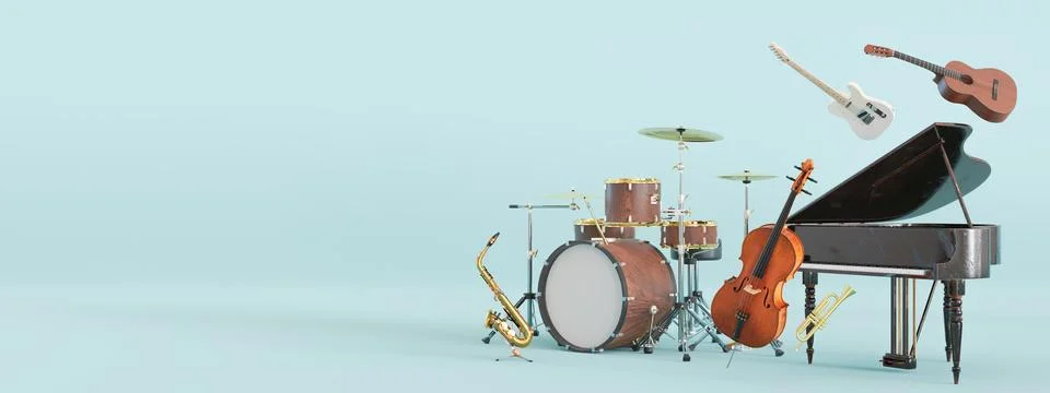 Different musical instruments on blue background. Banner with copy space fo.. Stock Illustration