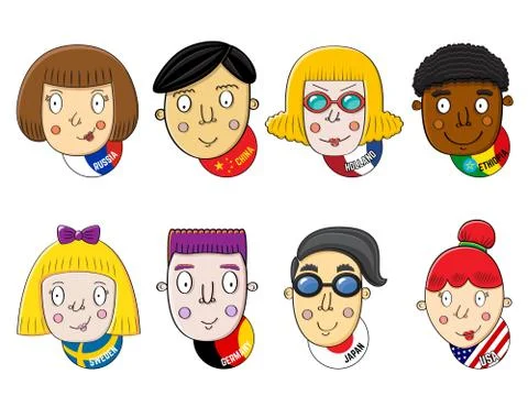 Different nations human faces set vector illustration. Stock Illustration
