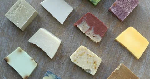Different natural soaps on rotating table. Bio cosmetics, top view. Stock-Footage 279174336