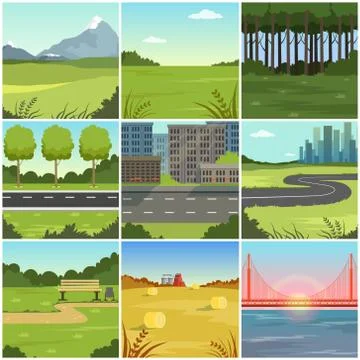 Different natural summer landscapes set, scenes of city, park, field, mountain Ilustración de archivo