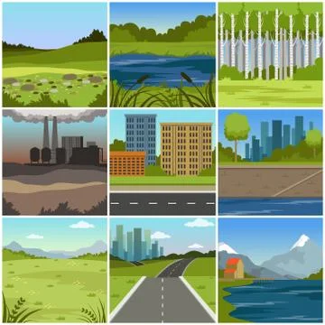 Different natural summer landscapes set, scenes of city, factory, forest, field Illustrazione stock