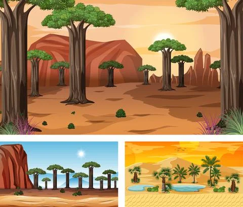 Different nature horizontal scenes in cartoon style Ilustração Stock