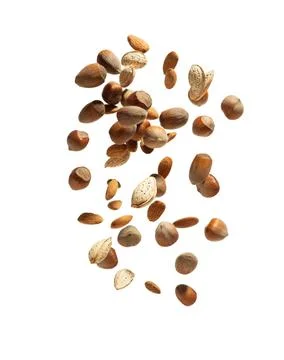 Different nuts falling on a white isolated background Stock Photos