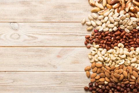 Different nuts frame background. Close up, top view, flat lay with vopy space Stock Photos