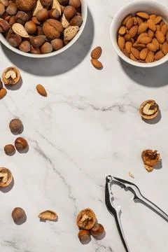 Different nuts in a white plate with a nutcracker on a gray table Stock Photos