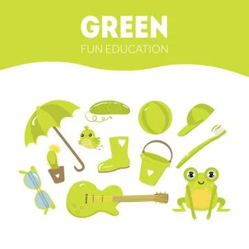 Different Objects in Green Color, Fun Educational Game for Preschool Kids Vector Stock Illustration