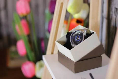 Different objects including a Wristwatch and flowers on white background Stock Photos