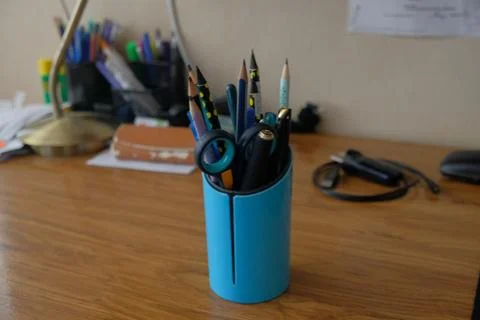 Different objects Pens in a glass Not at home In the apartment you can see other Stock Photos