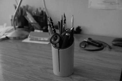 Different objects Pens in a glass Not at home In the apartment you can see other Stock Photos