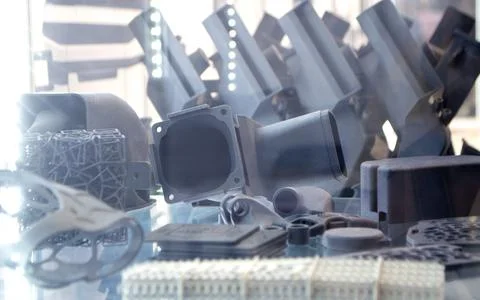 Different objects from powder plastic printed on 3D printer Multi Jet Fusion MJF Stock Photos