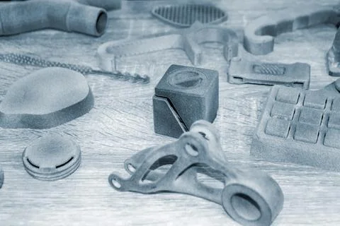 Different objects printed on industrial powder 3D printer. Multi Jet Fusion Foto stock