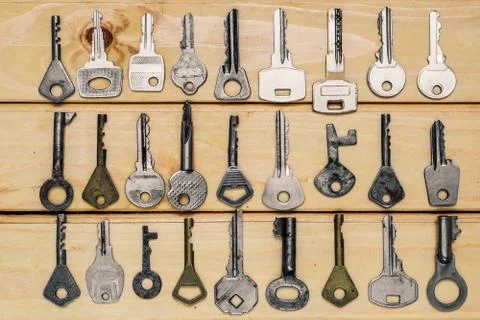 Different old keys, top view Stock Photos