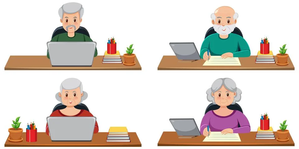 Different old people sitting in front of computer Stock Illustration