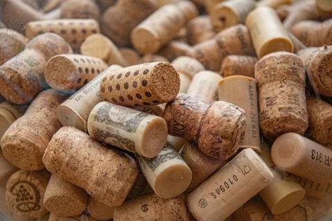 Different old wine corks closeup. Wine bar backdrop Stock Photos