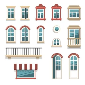 Different opened and closed windows and doors Stock Illustration