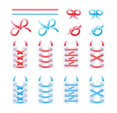 Different options for tying shoelaces, a set of knots in red and blue on a white イラスト素材