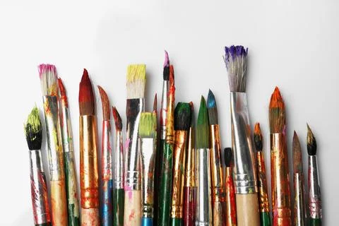 Different paint brushes on white background, top view Stock Photos