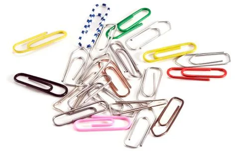 Different paper clips on white background Stock Photos
