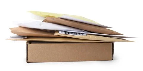 Different paper envelopes and parcel isolated on white. Post office Foto stock