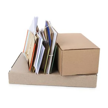 Different paper envelopes and parcels on white background. Post office 스톡 사진