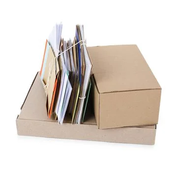 Different paper envelopes and parcels on white background. Post office Stock Photos