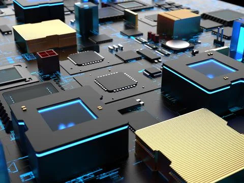 Different parts of computer chips and transistors. 3d render on the topic of  写真素材
