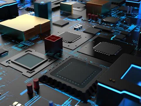 Different parts of computer chips and transistors. 3d render on the topic of  写真素材
