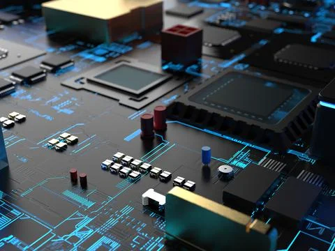 Different parts of computer chips and transistors. 3d render on the topic of  写真素材