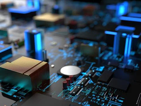 Different parts of computer chips and transistors. 3d render on the topic of  Stock-Fotos