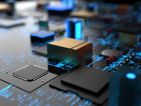 Different parts of computer chips and transistors. 3d render on the topic of  写真素材