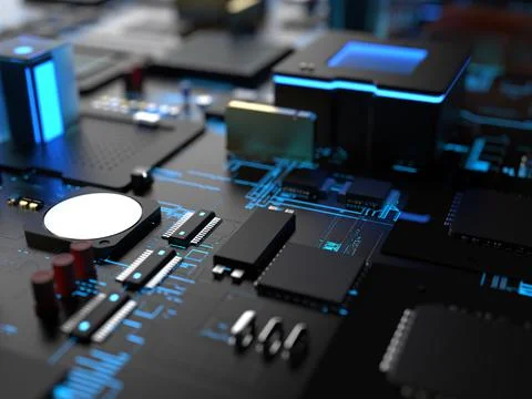 Different parts of computer chips and transistors. 3d render on the topic of  写真素材
