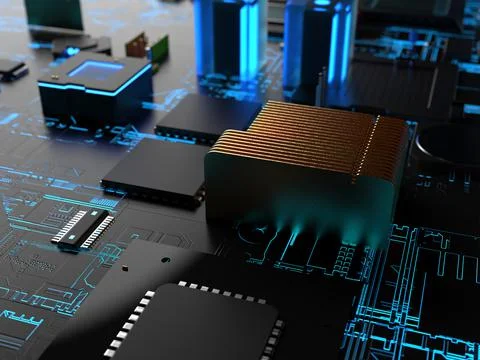 Different parts of computer chips and transistors. 3d render on the topic of  写真素材