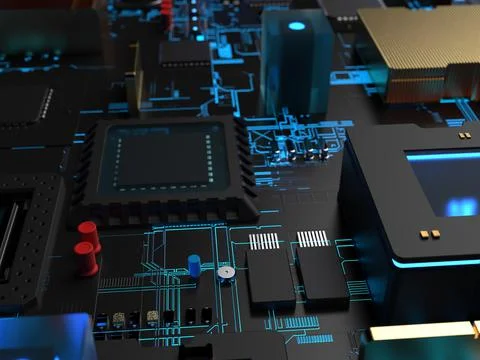 Different parts of computer chips and transistors. 3d render on the topic of  写真素材