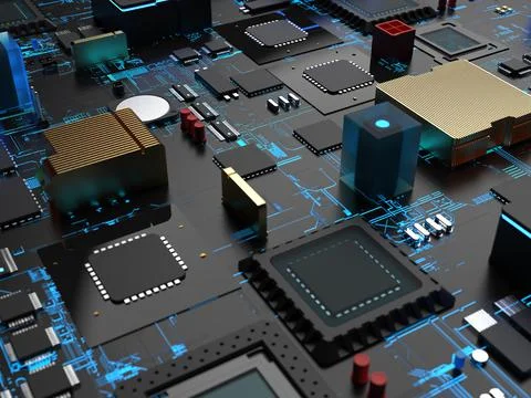 Different parts of computer chips and transistors. 3d render on the topic of  写真素材
