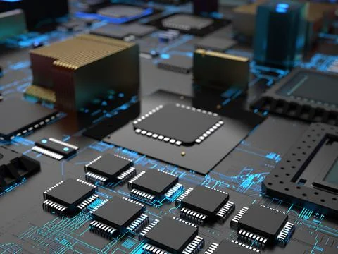 Different parts of computer chips and transistors. 3d render on the topic of  写真素材