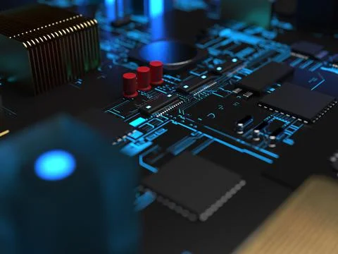 Different parts of the computer chips and transistors in blue backlight. 3d r 写真素材