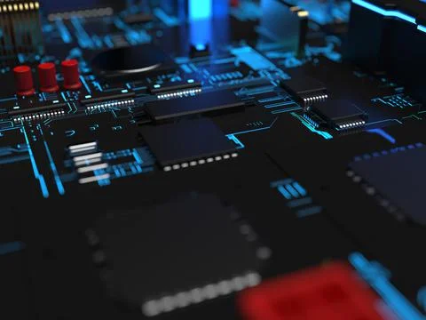Different parts of the computer chips and transistors in blue backlight. 3d r 写真素材