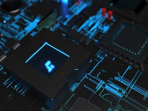 Different parts of the computer chips and transistors in blue backlight. 3d r Stock-Fotos